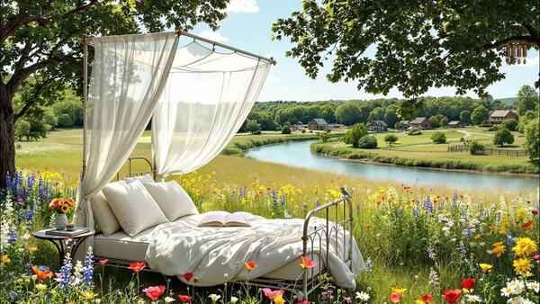 Mierīgs rīta dabas skats ar gaismu un pļavu